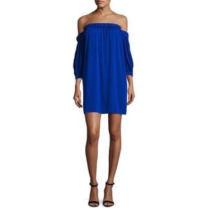 MILLY OFF THE SHOULDER COLBAT  BLUE SILK MINI DRESS